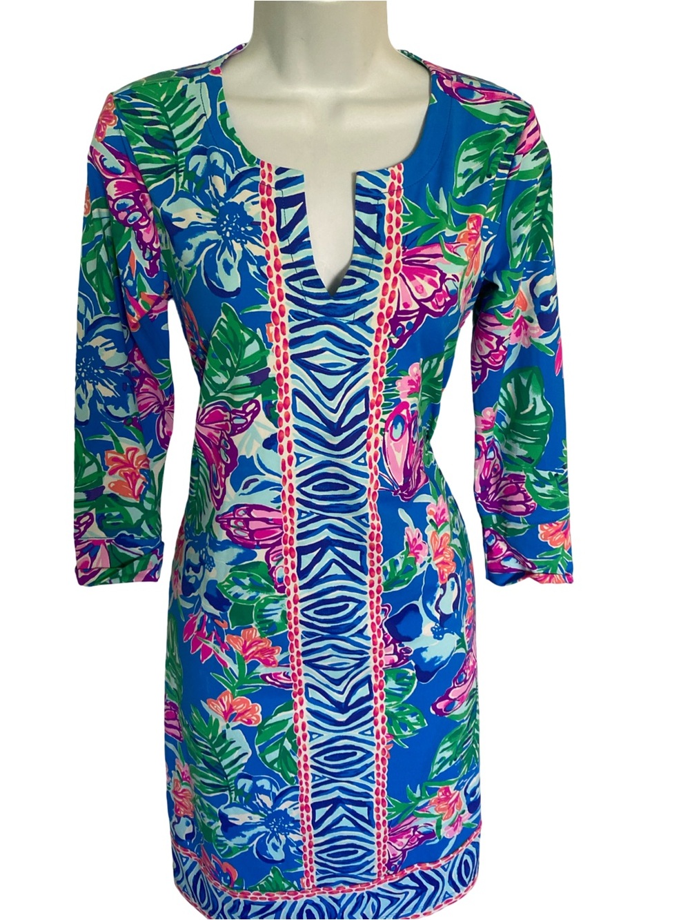 Lilly Pulitzer Blue Tropical Floral Notch-Neck Dress UPF 50 - S